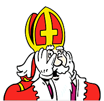 Sinterklaas houdt zijn handen voor zijn gezicht en praat