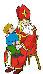 Sinterklaas heeft een jongentje op schoot en kijkt heen en weer