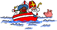 Sinterklaas en Zwarte Piet varen op zee en zien een varken zwemmen