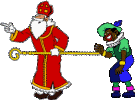 Sinterklaas loopt met zijn staf in de hand en Zwarte Piet lacht hem uit