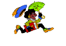 Zwarte Piet rent voorbij terwijl hij een paraplu vasthoudt