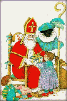 Een meisje krijgt een cadeau van Sinterklaas terwijl Zwarte Piet toekijkt en de staf van Sint vasthoudt