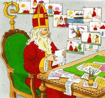 Sinterklaas leest een brief en heeft de muur vol hangen met tekeningen