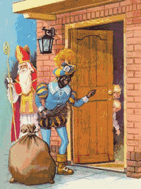 Sinterklaas en Zwarte Piet staan met de zak vol pakjes voor de deur