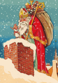 Sinterklaas staat bovenop het dak en gooit een pop in de schoorsteen