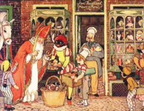 Sinterklaas en Zwarte Piet staan in een bakkerij