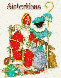 Sinterklaas zit in de sneeuw op zijn stoel met naast hem Zwarte Piet die zijn staf vasthoudt