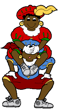 Zwarte Piet zit bij een andere Zwarte Piet op de schouders en doet zijn handen voor de ogen van de ander