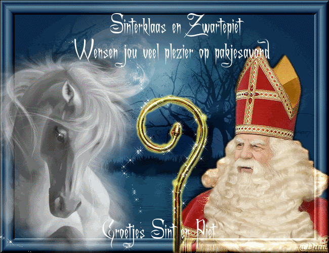 Sinterklaas en Zwarte Piet wensen jou veel plezier op pakjesavond. Groetjes Sint en Piet