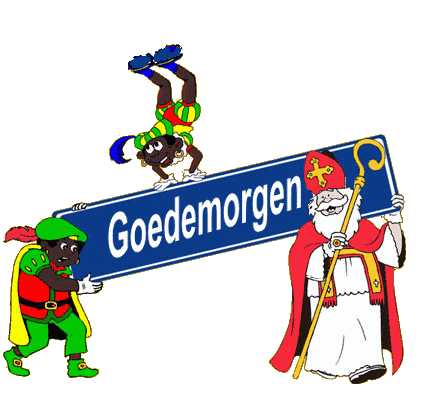 Sinterklaas en Zwarte Piet houden een bord omhoog met daarop Goedemorgen