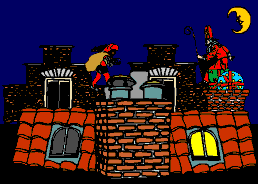 Sinterklaas en Zwarte Piet lopen over het dak