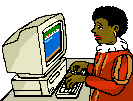 Zwarte Piet zit achter zijn computer te typen