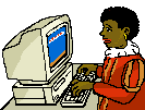 Zwarte Piet zit achter zijn computer te typen en kijkt verbaasd naar wat er op het beeldscherm verschijnt