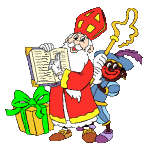 Sinterklaas wijst iets aan in zijn boek terwijl Piet zijn staf vasthoudt