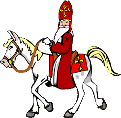 Sinterklaas zit op zijn paard dat zijn hoofd op en neer doet evenals zijn staart