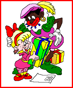 Zwarte Piet geeft een cadeautje aan een klein meisje