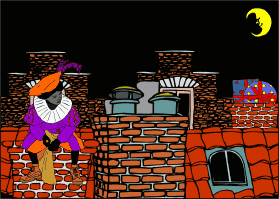 Zwarte Piet zit op het dak op de schoorsteen terwijl het licht onder het dakraam aan en uit gaat