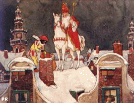 Sinterklaas rijdt met zijn paard Americo over de daken terwijl Zwarte Piet cadeautjes door de schoorsteen gooit