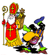 Zwarte Piet doet een handstand terwijl Sinterklaas toekijkt