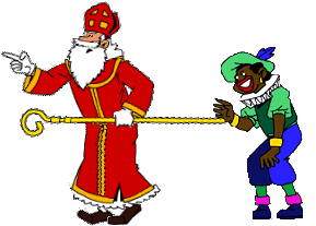 Sinterklaas loopt met zijn staf in de hand en Zwarte Piet lacht hem uit