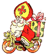 Sinterklaas rijdt op een brommer met een pakje achterop