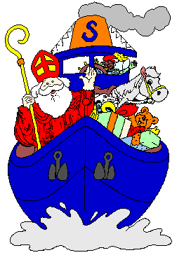Sinterklaas vaart met zijn paard op de boot vol met pakjes en er komt rook uit de schoorsteen